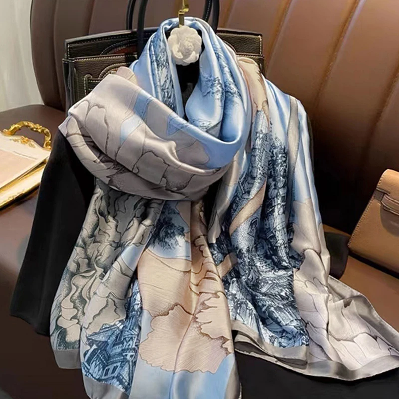 Fashion Imitation Silk Satin Scarf Women Floral Printed Shawl Casual Vintage Long Outdoor Scarves Hijab 180*90cm