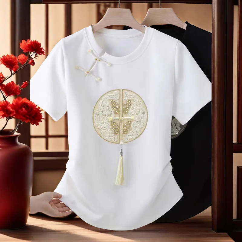 National wind embroidery new Chinese inclined front button T-shirt women 2024 summer new fold waist all-match short sleeve shirt