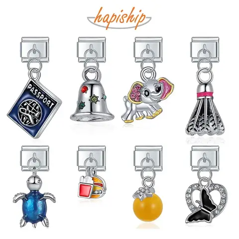 Hapiship New Original Daisy Bell Blue Turtle Beads Italian Link Charm Fit 9mm Bracelet Stainless Steel Jewelry DIY Making DJ317