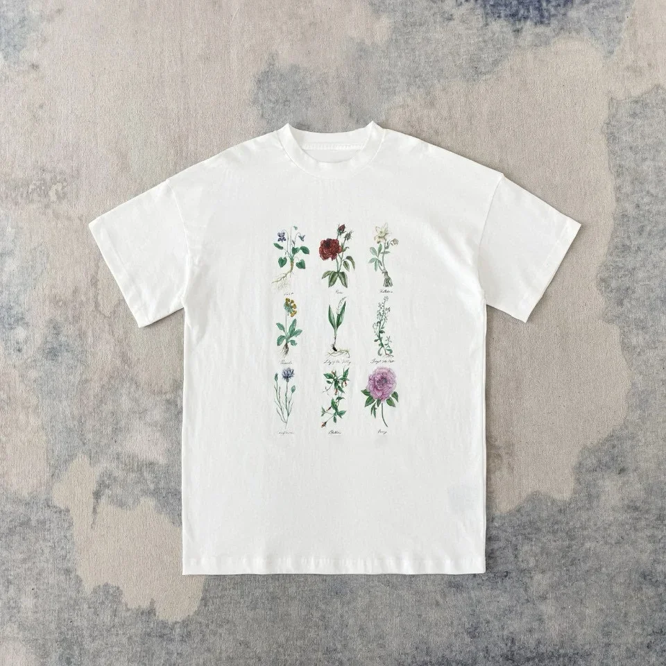 Original Development 24FW Early Autumn New Style White Flower Plant Specimens Round Neck Printings Short Sleeves T-Shirts For Me