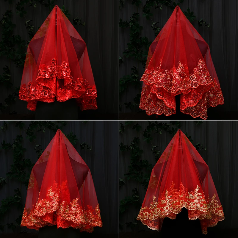 Delicate Chinese Wedding Bridal Veil With Embroidery Pattern Veil Tulle Xiuhe Clothing Sequin Full Lace Embroidery Edge Hijab