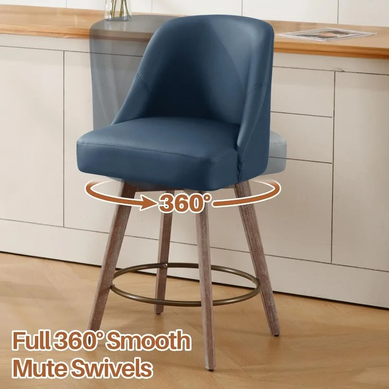 Counter Height Bar Stools, Mid-Century Swivel Bar Chairs with Backs and Beech Wood Legs, 26 Inch Seat Height, PU Leather