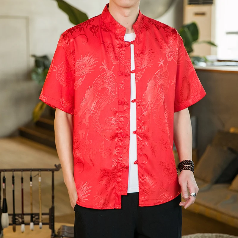 Men Shirt Mandarin Collar Short Sleeve Summer Oversize 5XL Plus Size Men Formal Black White Red Chinese New Year Clothing Retro