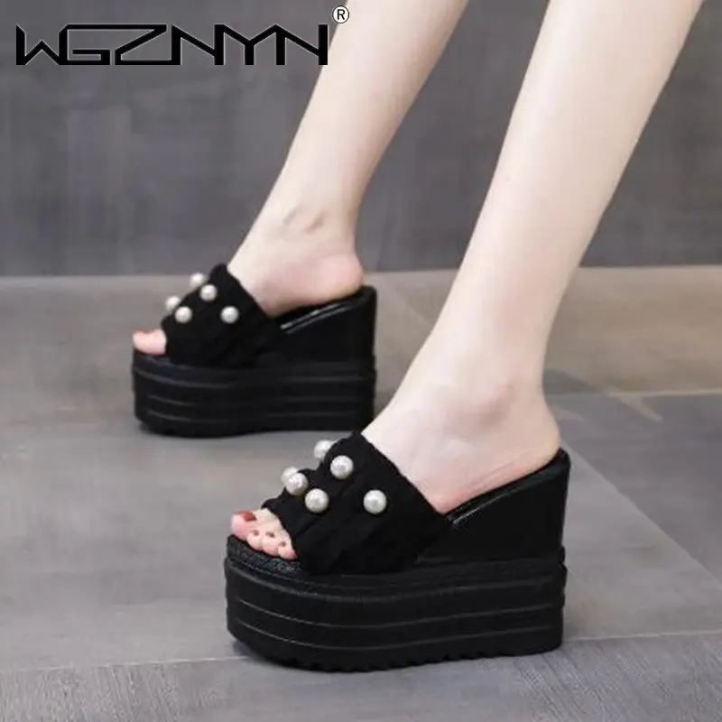 Shoes Woman\'s Slippers Luxury Slides Platform on A Wedge String Bead Heeled Mules 2023 Summer Designer High Rome Fashion Sandals