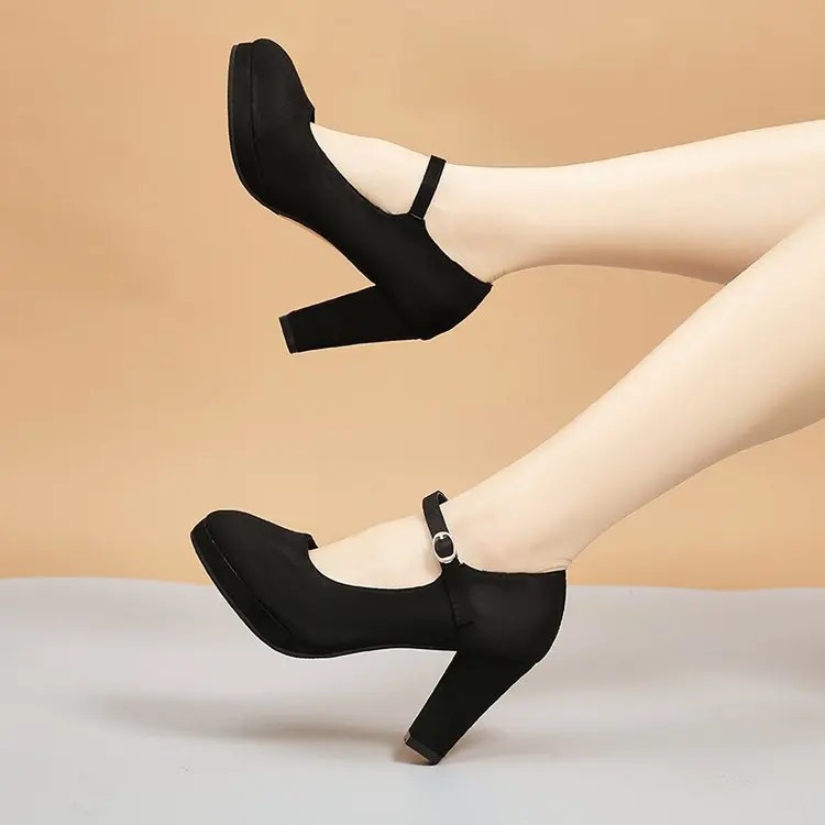 Pointed Toe Thin Heel One Word Buckle Band Womens Pumps Sexy Solid Flock Platform Work Shoes big Size High Heels