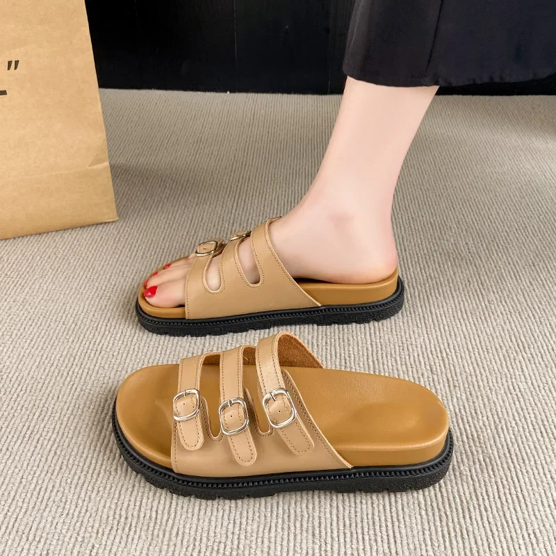 2025New Leather Slippers Women Fashion Three-row Buckle with All Casual Style Thick Soles Outside To Wear Open-toe Sandals Women