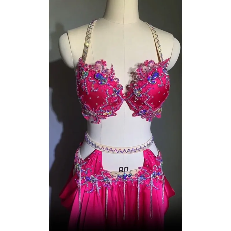 

Женский костюм для танца живота по индивидуальному заказу, сексуальная открытая большая юбка с высокой талией, униформа для командных соревнований, бюстгальтер для танца живота