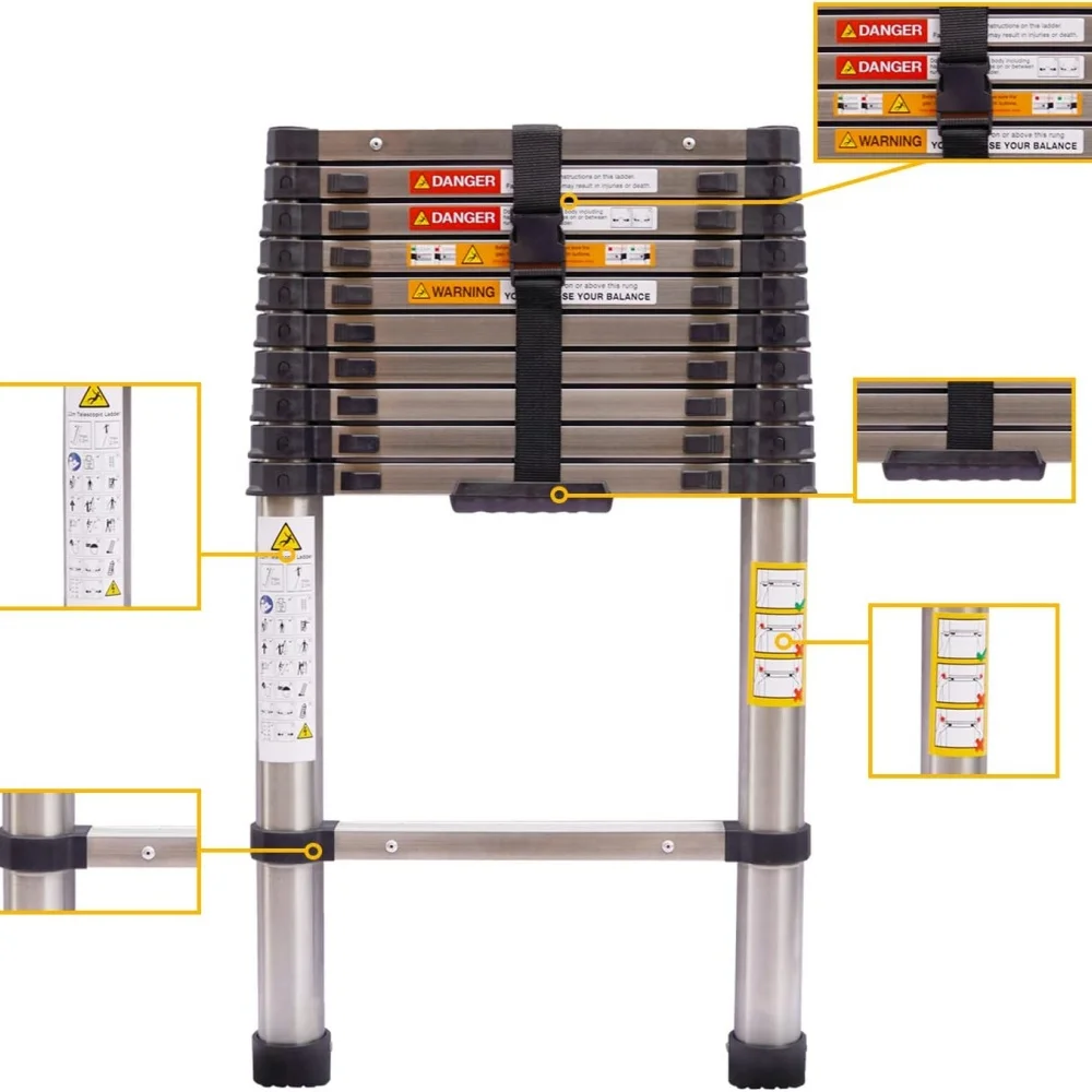 Telescopic Ladder 10.5 FT 3.2M Multi-Purpose Stainless Steel Extendable with Anti-Slip Feet,EN131 Portable Sturdy Loft Ladder