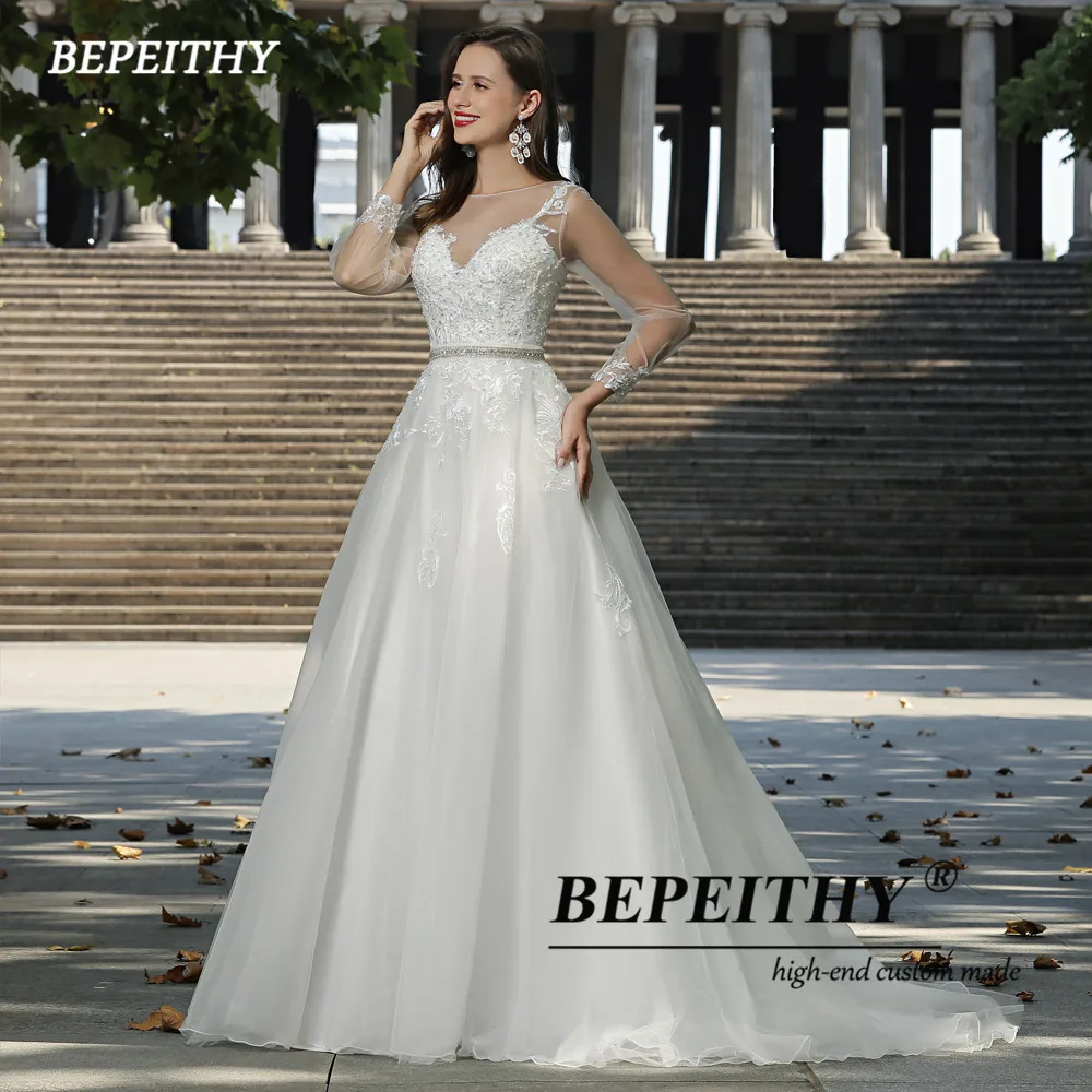 Bepeithy personalizado marfim uma linha boho vestidos de casamento para as mulheres 2023 o pescoço mangas completas cinto cristal até o chão vestido de noiva