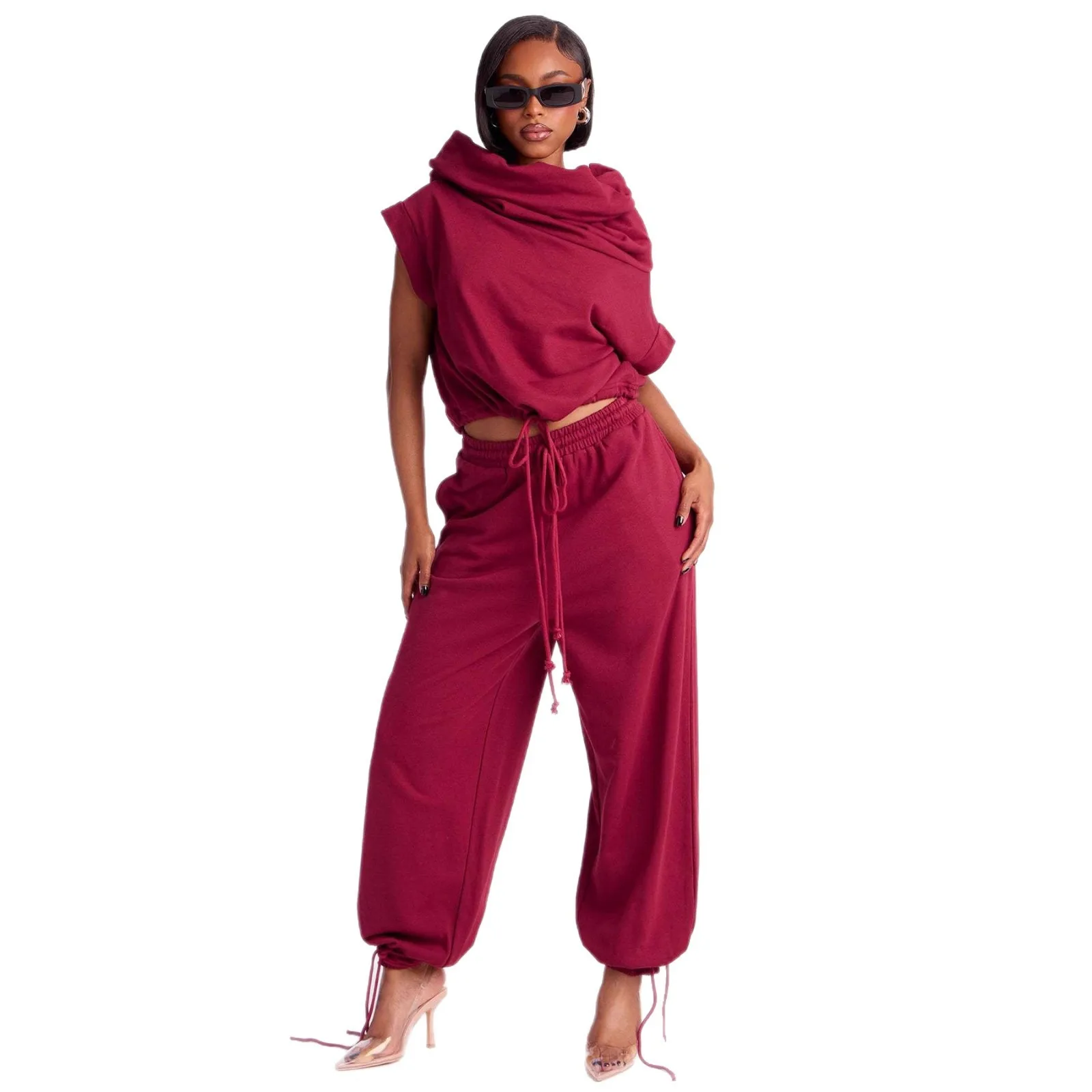 

Casual Turtleneck Short-sleeved Cropped Pants Set with Drawstring High Waist Women Irregular Two Piece Sets Summer 2026