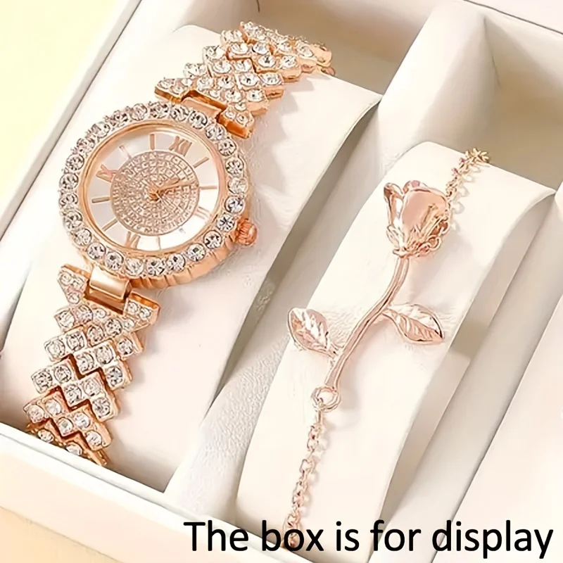 

2pcs/set Luxury Rhinestone Quartz Watch Rose Golden Fashion Analog Wrist Watch & Rose Flower Bracelet, Gifts For Women Mom