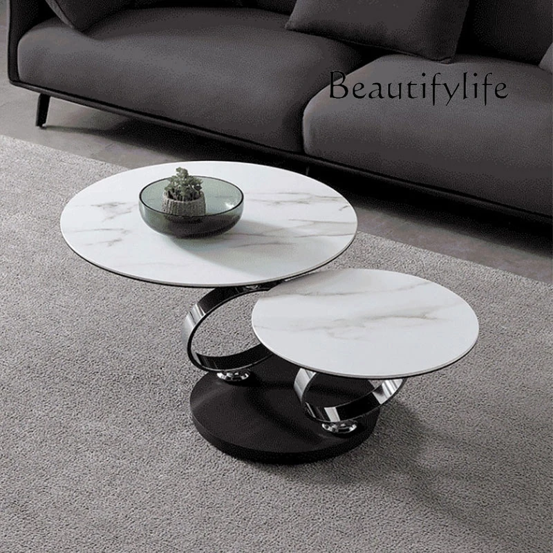 

Italian natural rock slab rotating coffee table small apartment metal modern living room household telescopic round tea table