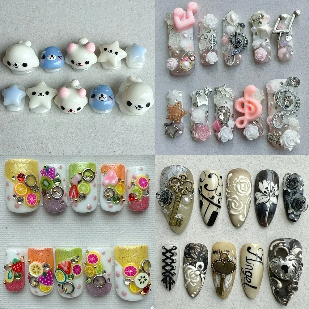 

Spice Girl Cartoon Rilakkuma Handmande Square Almond Wearable Fake Nail 3D Bowknot Flower Musical Notes Diamond Press On Nails