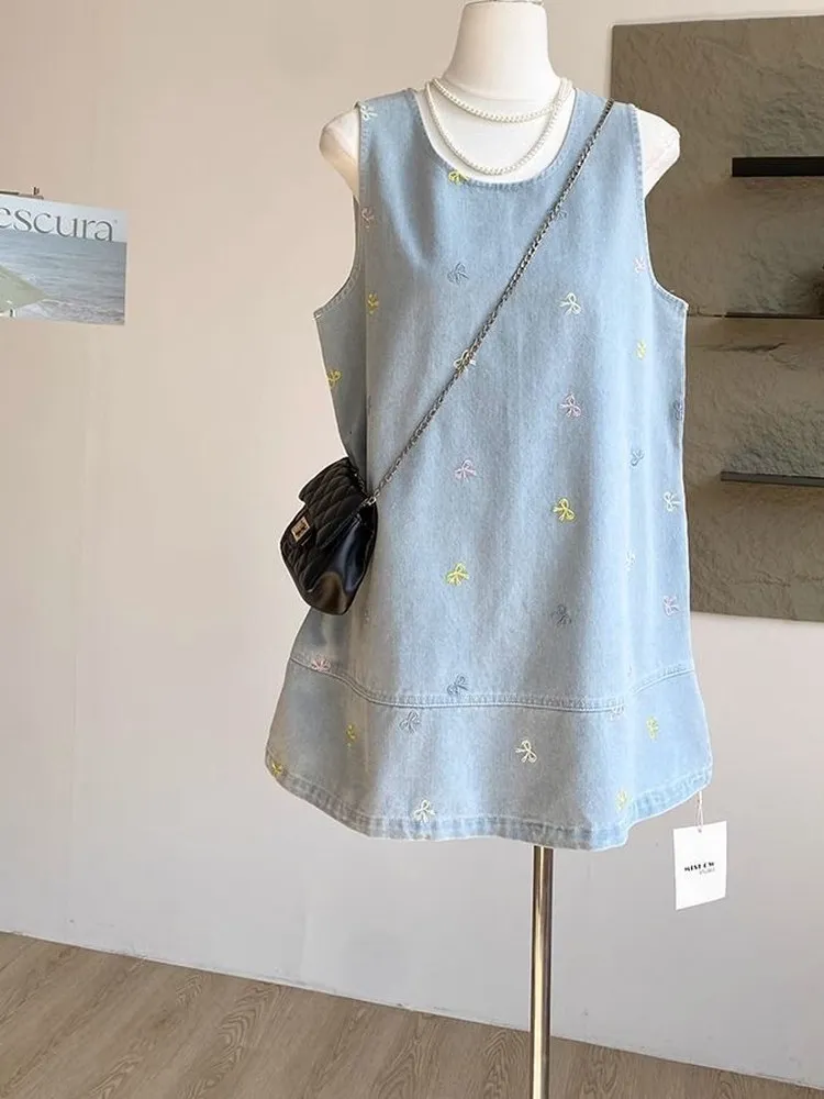 

Женская летняя свободная джинсовая жилетка больших размеров с вышивкой и узлом в корейском стиле