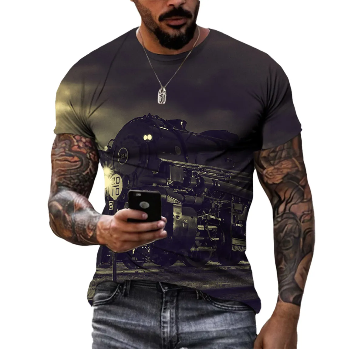 Men\'s HD T-shirt Summer Classic Retro Steam Train Nostalgic Comfortable Short Sleeve Trend Personality Quick Dry Crew-neck Shirt