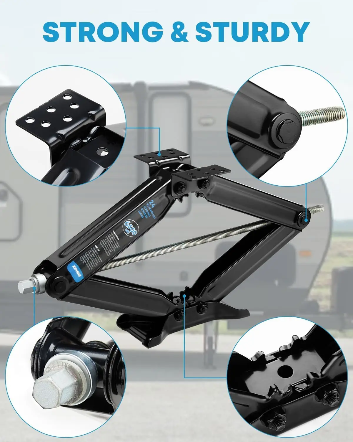 แม่แรงยึดรถบ้านแบบหนัก รับน้ำหนักได้ 6500 ปอนด์ ขนาด 24 นิ้ว แบบกรรไกร สำหรับรถพ่วงเดินทาง พร้อมมือหมุนและช่องเสียบสว่าน