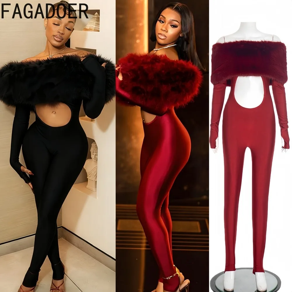 

FAGADOER Sexy Hollow-out Bodycon Jumpsuits for Women Solid Color Off Showlder Fur Patchwork Rompers Female Clubwear Overalls New