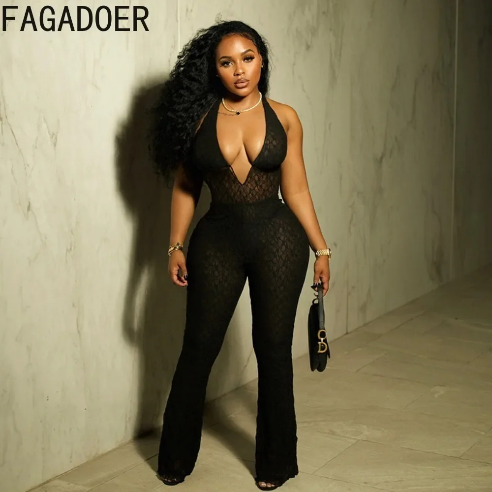 FAGADOER Sexy Deep V Lace Perspective Halter One Pieces Jumpsuits Women Sleeveless Backless Lace Up Playsuits Fashion Clubwear