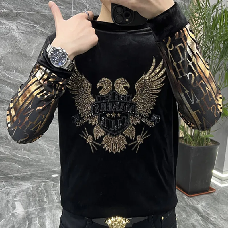 Luxury Winter Men\'s Golden Velvet Sweater Long Sleeve Round Neck Basecoat Light  European Hot Diamond Personalized T-shirt