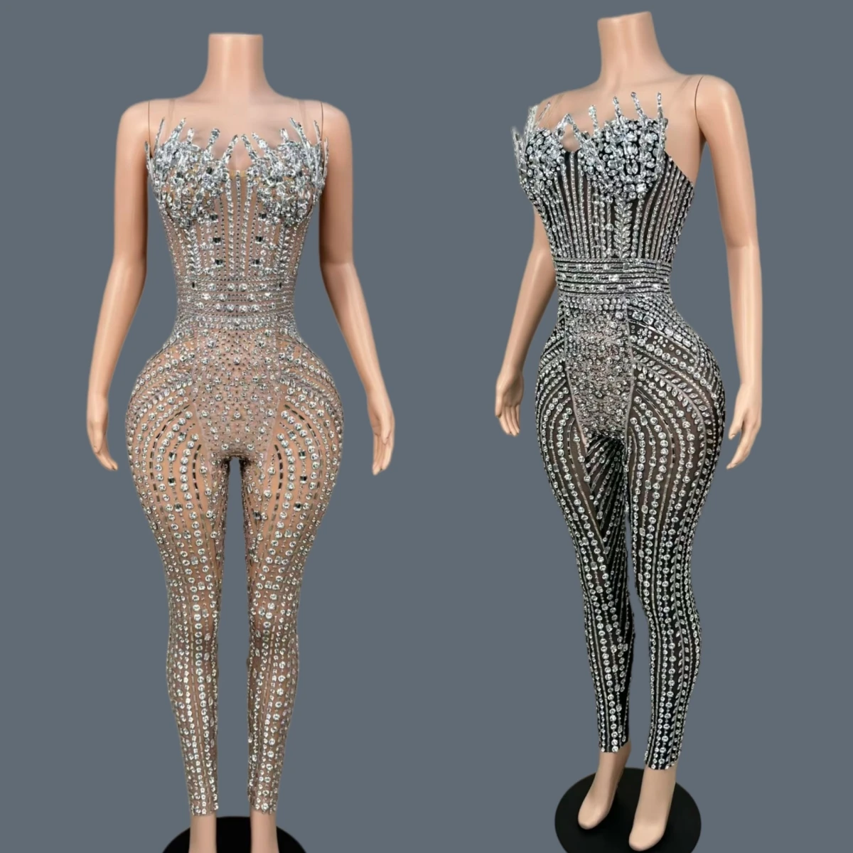 

Sparkly Silver Rhinestone Strapless Sheer Mesh Tight Fitting Jumpsuit Women Nightclub Stage Event Wear Party Jumpsuit Bazhuayu