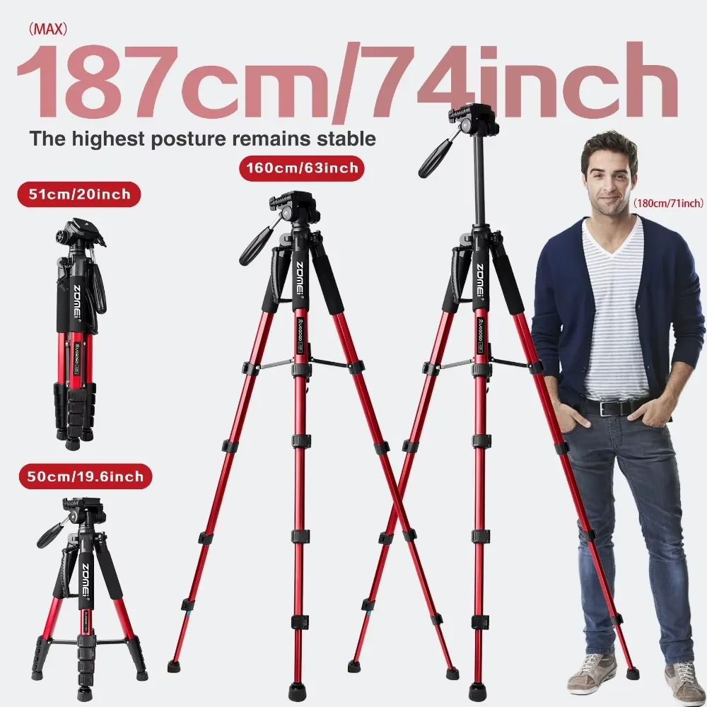 73.6in/187cm Compact Professional Multi-function Aluminum Tripod Stand for Mobile Telephone Digital Camera Telescope Projector