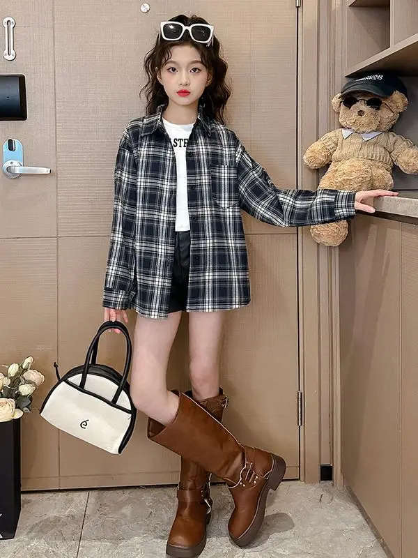 Girls Shirt Spring and Autumn 2024 New Children Fashion Pure Cotton Plaid Loose Long Sleeved Top Children Shirt