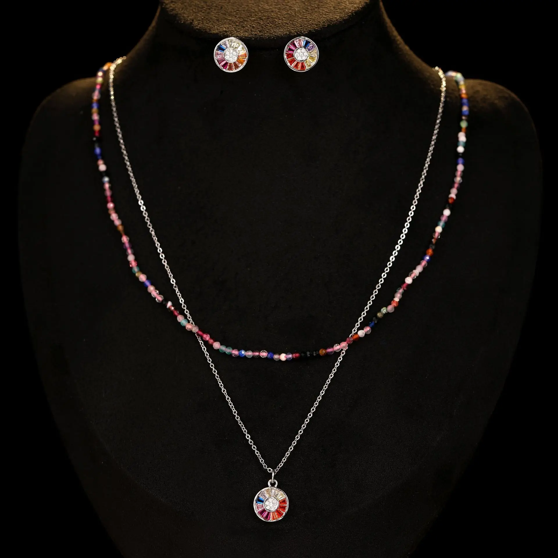 

sweet stud earrings choker necklace rainbow beads small round pendant jewelry sets women girl spring summer fresh color