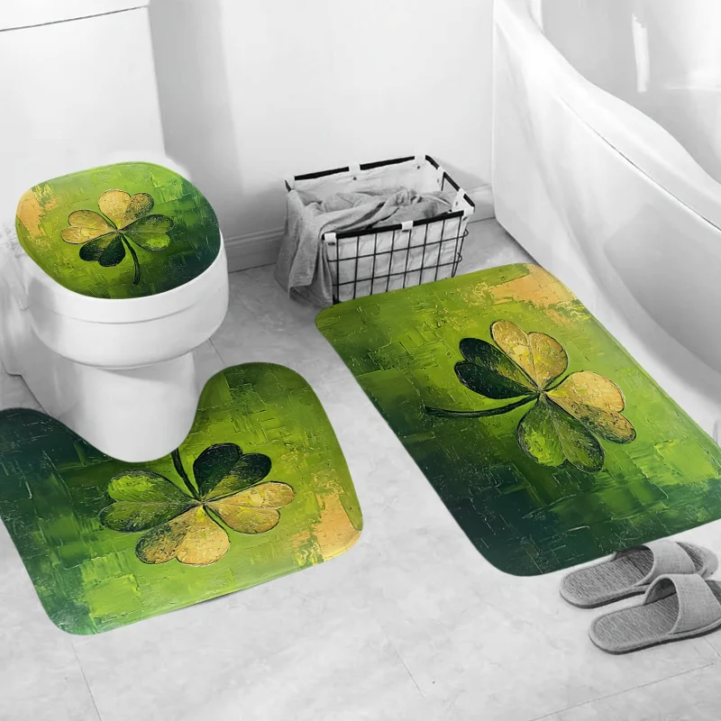 1pc/4pcs Set St. Patrick's Day, Green Lucky Four-Leaf Clover Pattern, Fashion Waterproof Shower Curtain, Toilet Seat Cover, Bath