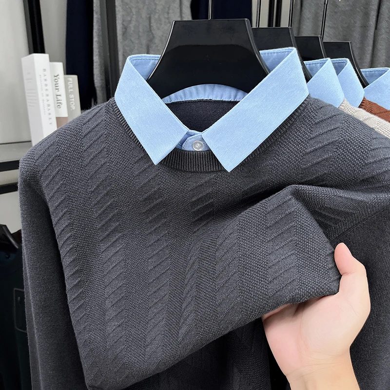 

Fake Two Sweaters Men's 2025 New Autumn and Winter Casual Versatile Shirt Collar Jacquard Knitted Sweater Top Trend