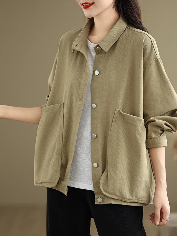 Loose Fit Retro Workwear Jaet with kets Breathable Cotton Long Sve  Collar Casual Slimming Design Spring Autumn N...