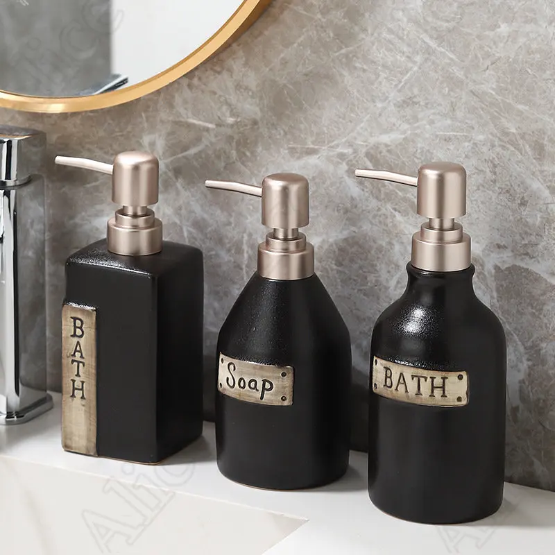 

Matte Retro Black Ceramic Shampoo Bottle Hotel Press Type Soap Dispenser Shower Gel Sub-bottling Household Shower Accessories