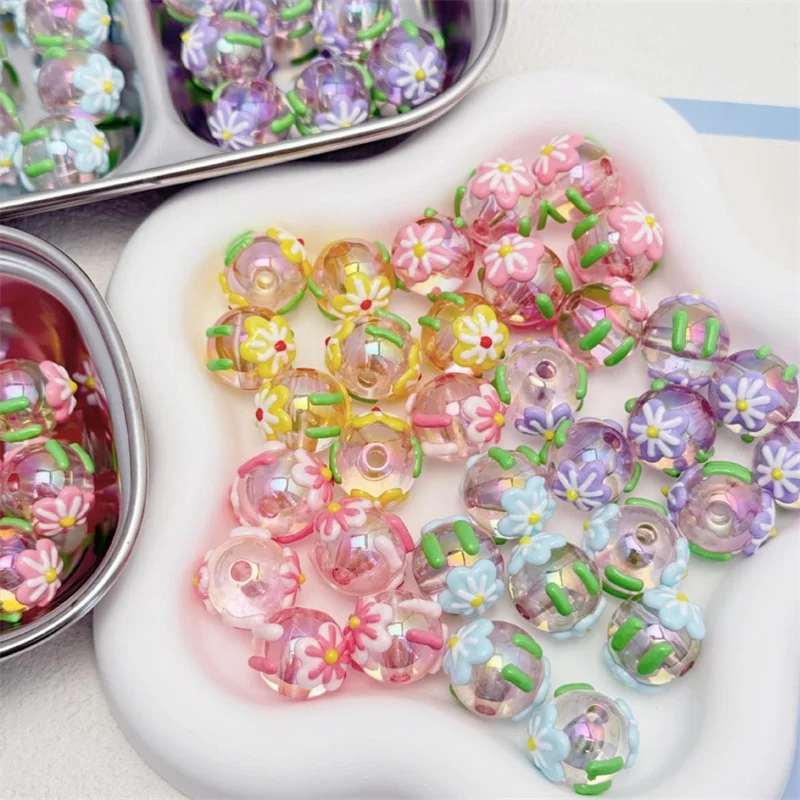 New style 50pcs/lot color drop oil flowers pattern geometry rounds shape 16mm straight hole beads diy jewelry garment accessory