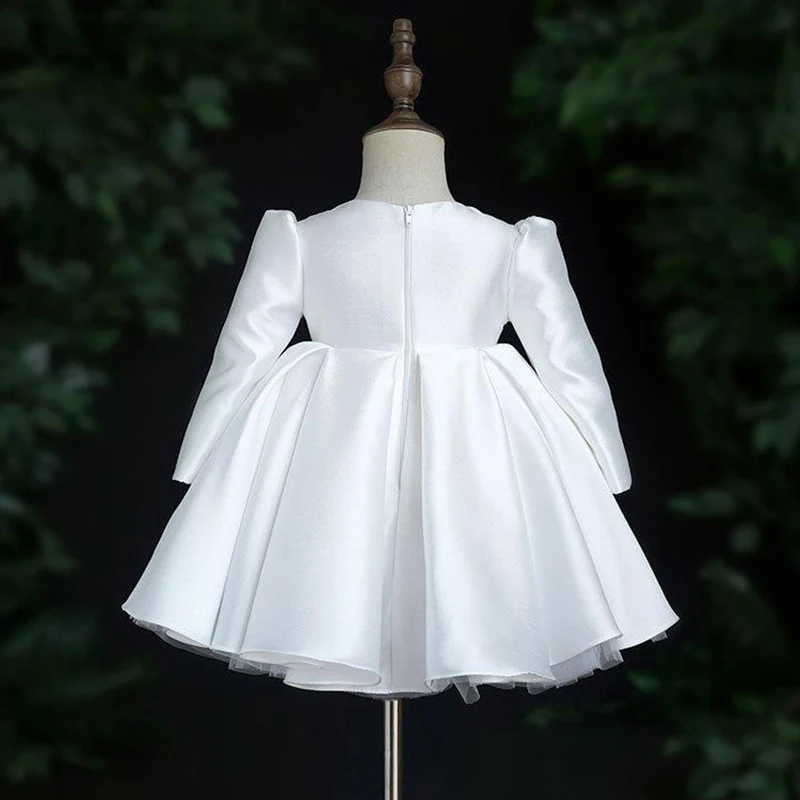 Weißes Blumenmädchenkleid aus Satin für Kleinkinder und Kinder für Hochzeit, erster Geburtstag, Zeremonie, Party, Prinzessin, Kommunion, Ballkleid für Mädchen im Alter von 1–14 Jahren – Detail 12