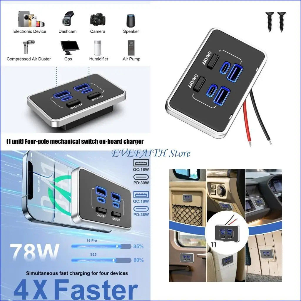 

124B 4 Port Vehicle Power Adapter With 36W Rapid Charging And Two Physical Switches For Secure Usage