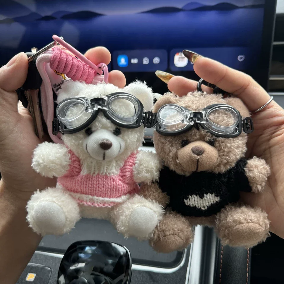 الإبداعية الدب الصغير المفاتيح أفخم البني لطيف الدب مع الملابس الكرتون الباندا دمية سلسلة مفاتيح حقيبة قلادة زوجين Keyrings الهدايا