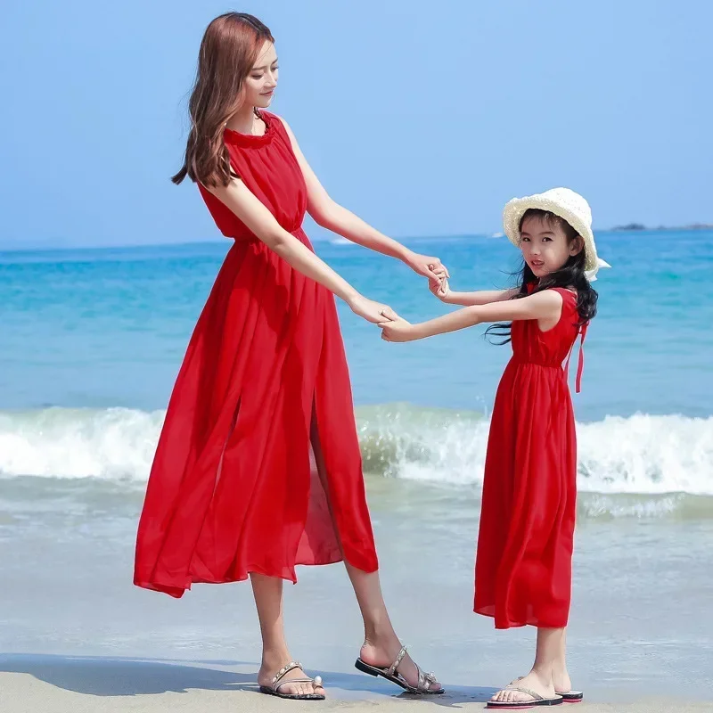 Mom and Girl Baby Vacation Look Dress Mother Daughter Matching Resort Red Sleeveless Dresses Holiday Beach Mammy and Me Clothing