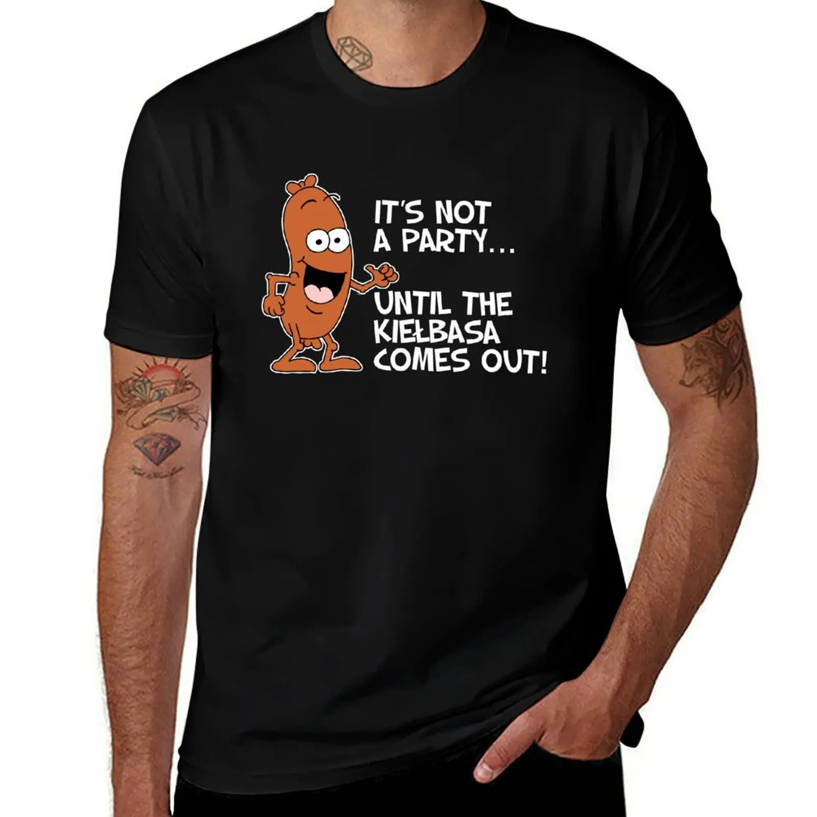 It's Not A Party Until The Kielbasa Comes Out Polish Cartoon T-Shirt Basic Crew Neck Short Sleeve Top