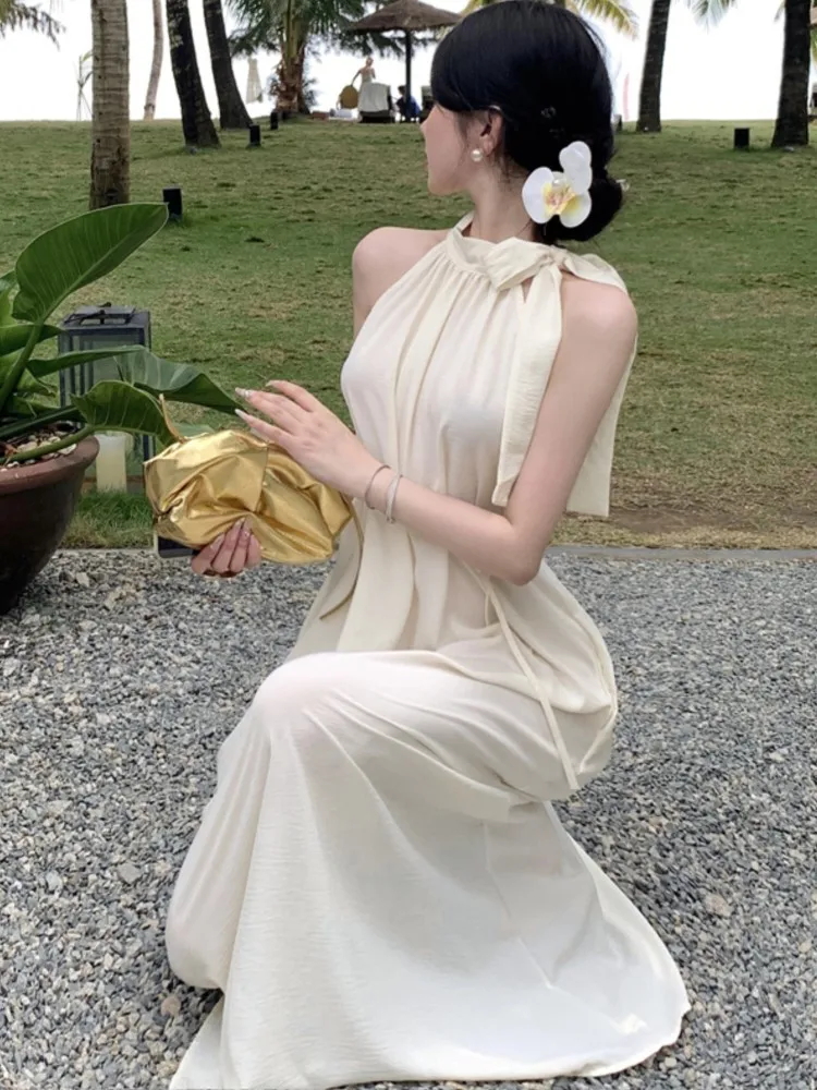 Élégant français licou femmes robes de soirée Chic épaules nues à lacets fête d'anniversaire robe mi-longue femme décontracté robes vêtements