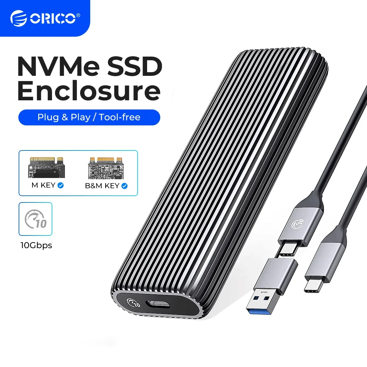 ORICO 도구가 필요 없는 알루미늄 M2 NVMe SSD 인클로저, 10Gbps PCIe C 타입 M.2 SSD 케이스 NVMe M 키 솔리드 스테이트 드라이브 케이스 지지대 UASP