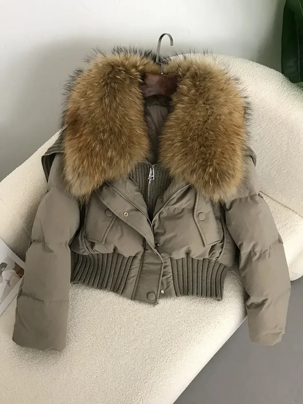 2024 Natural Real Raccoon Fur Collar Winter Women White Duck Down Short Jacket Female Thick Warm Coat Luxury Outerwear