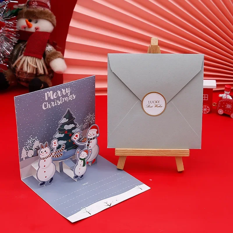 Merry Christmas Cards 3D Pop-up Greeting Cards with Envelope Santa Claus Snowman Laser Cut Xmas Happy New Year Greeting Cards