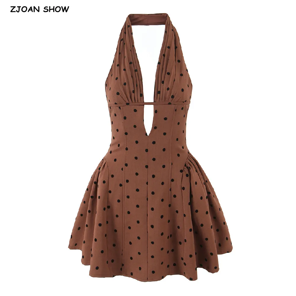 2025 sexy polka dot plissado ruched halter vestido feminino cortar frente magro cintura baixa balanço vestido de baile vestidos curtos robe