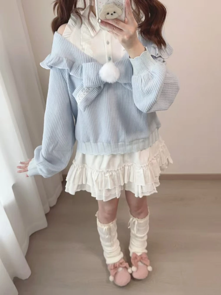 Autumn New Japanese 2025 Sweet 2-piece Set Women Design Off Shoulder Patchwork Bow T-Shirts Kawaii Lace High-waist Skirt Suit image 3