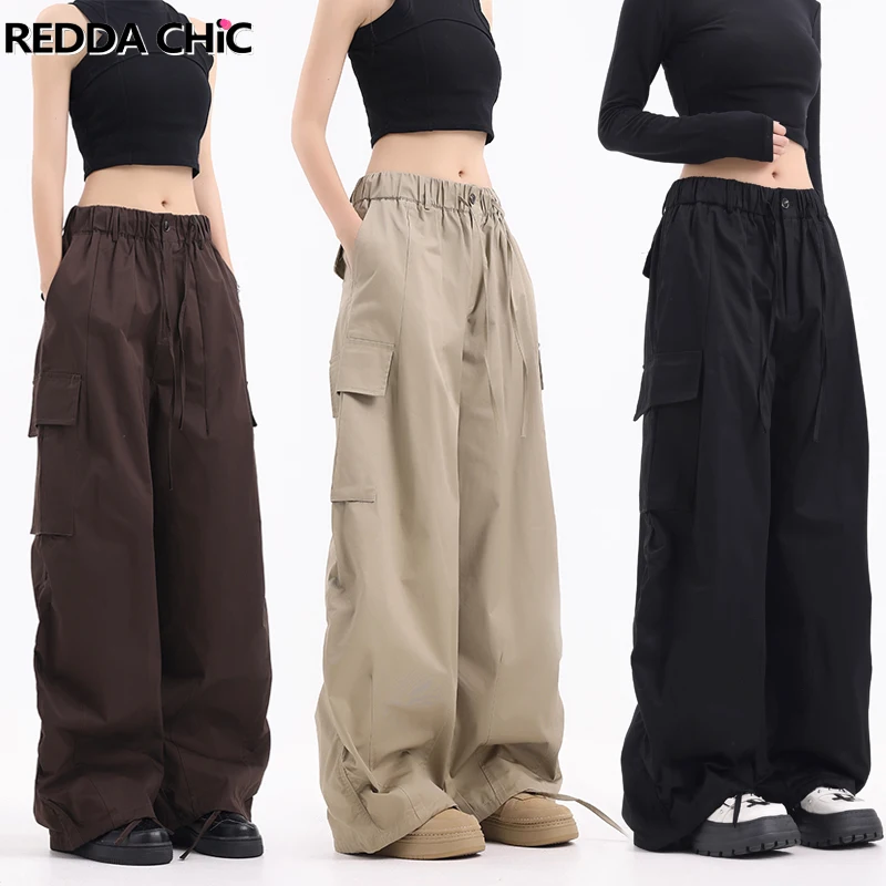 

ReddaChic 90s Skater Oversize Sweatpants Women Wide Leg Drawstring Waist Loose Casual Function Pockets Cargo Pants Y2k Workwear