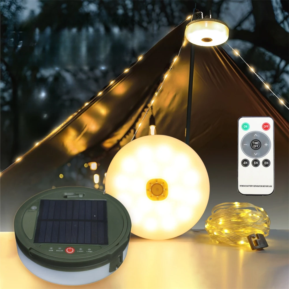 Solar Camping Light with Tent Atmosphere String Lights Emergency Power Bank Rechargeable Outdoor Lighting Portable Tent Lamp