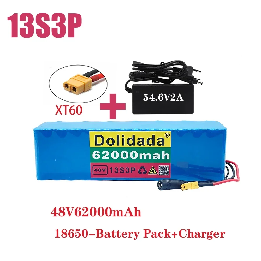 

Batterie Lithium-Ion 13S3P 48V 62Ah XT60 DC 54.6V 2A 1000W Pour Vélo Et Trottinette Électrique Avec Bms Intégré Et Chargeur