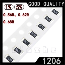 SMD 1206 Chip Resistor, alta precisão, resistência fixa, 0.56Ω, 0.62R, 0.68R ohm, Serigrafia, R560, R620, R680, 5%, 50pcs