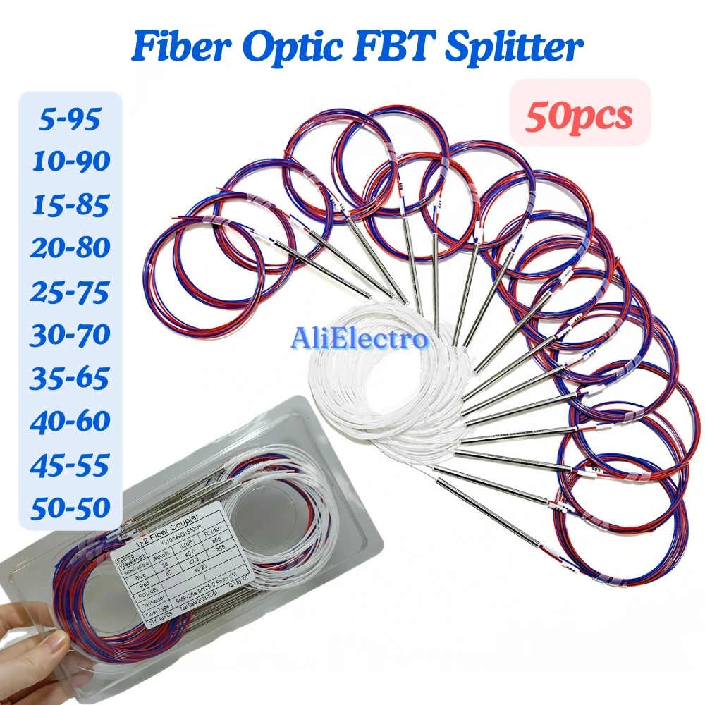 50pcs ไฟเบอร์ออปติก FBT Splitter 10/90 20/80 30/70 40/60 50/50 ประเภทต่างๆ 1x2 0.9 มม.ไม่สมดุล Coupler ไม่มีตัวเชื่อมต่อ