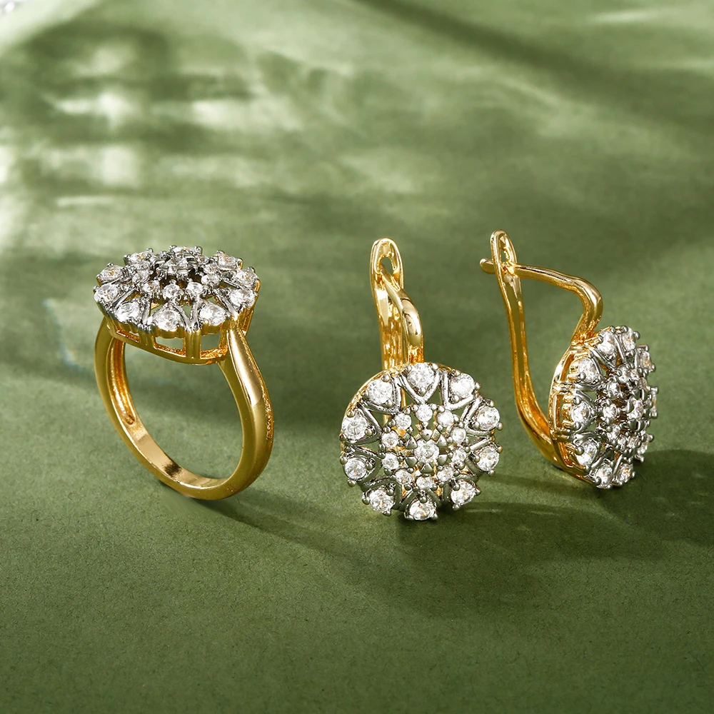 Crystal inlaid embedded vermiculite design earrings ring jewelry set copper plated 14K gold exquisite fashion gift