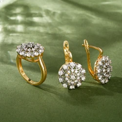 Crystal inlaid embedded vermiculite design earrings ring jewelry set copper plated 14K gold exquisite fashion gift